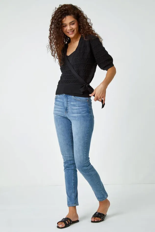 Black Cotton Wrap Tie Detail Cardigan Women Roman Knitwear