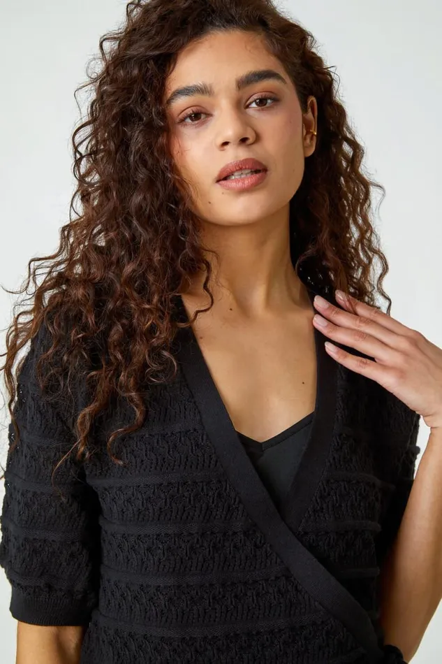 Black Cotton Wrap Tie Detail Cardigan Women Roman Knitwear