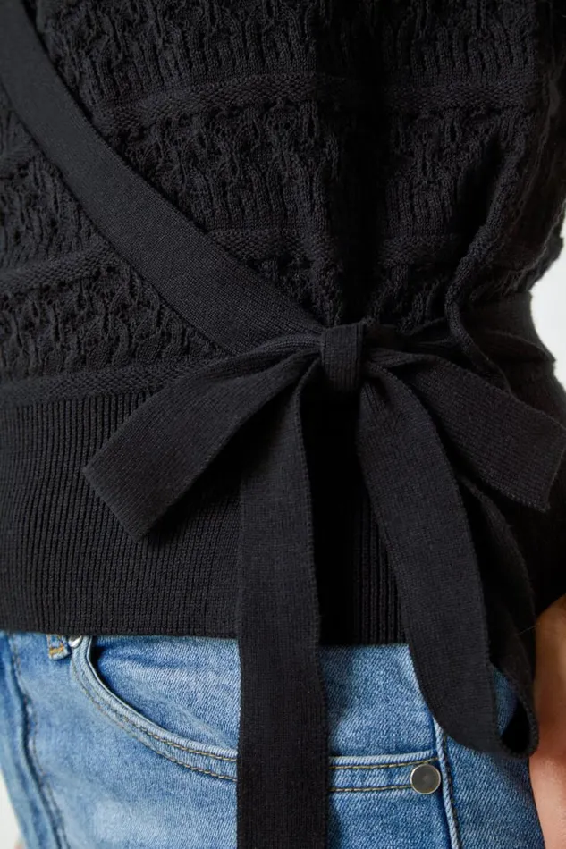 Black Cotton Wrap Tie Detail Cardigan Women Roman Knitwear