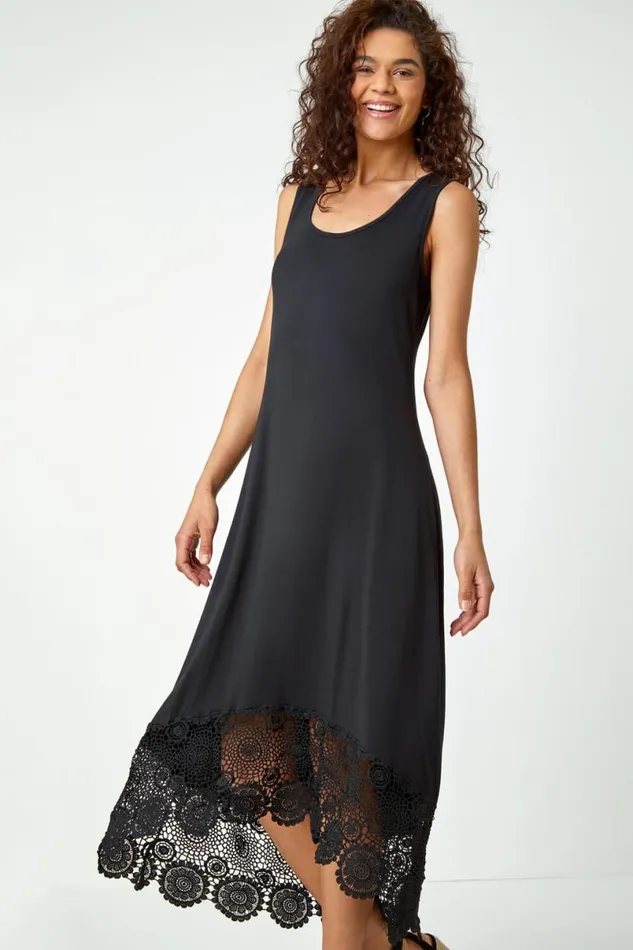 Black Crochet Hem Stretch Midi Dress Women Roman Dresses