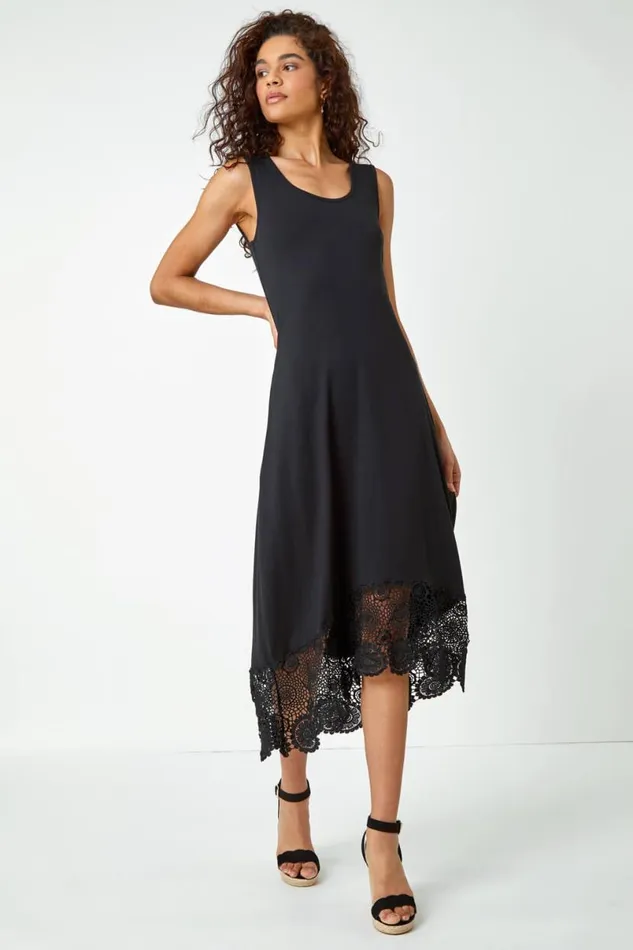 Black Crochet Hem Stretch Midi Dress Women Roman Dresses