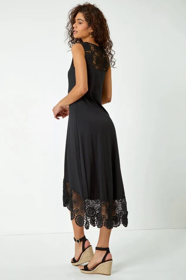 Black Crochet Hem Stretch Midi Dress Women Roman Dresses