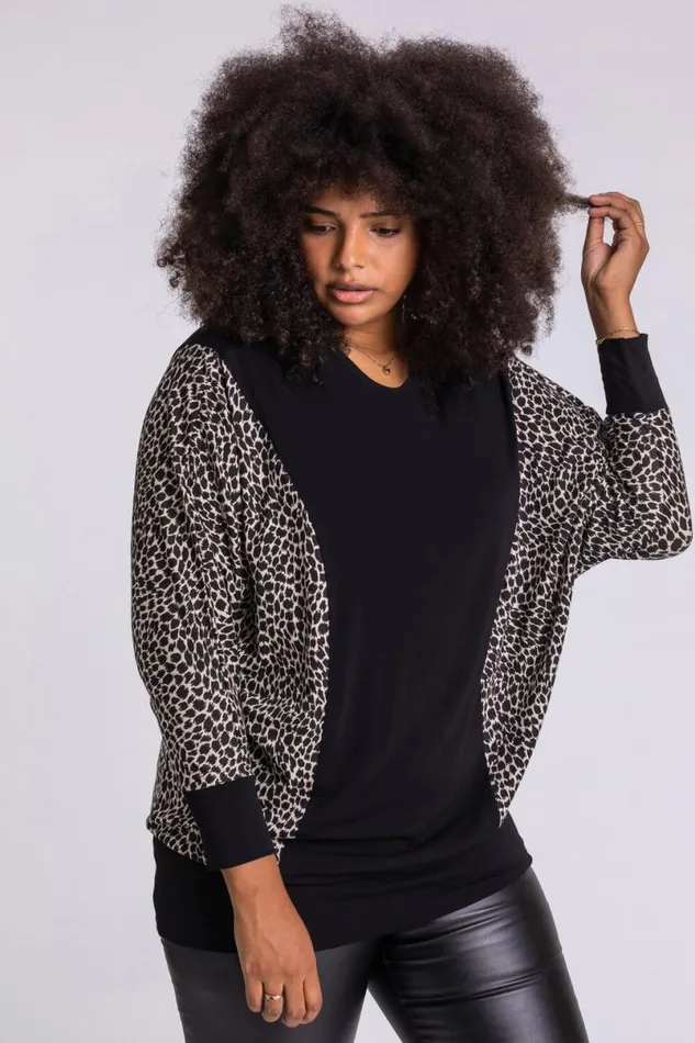 Black Curve Animal Print Long Sleeve Top Women Roman Tops