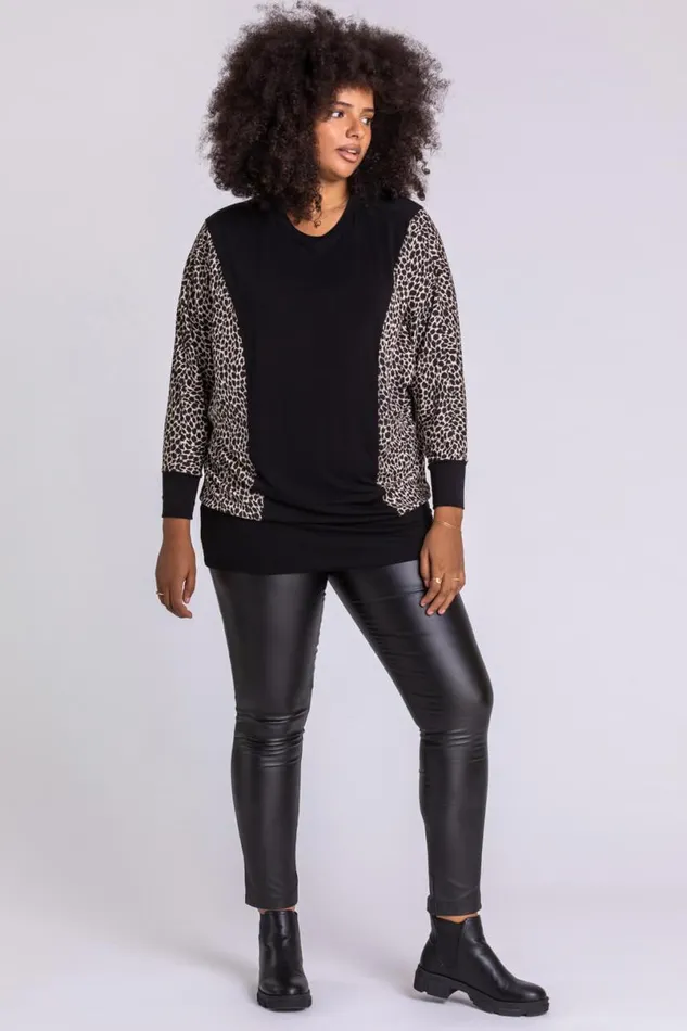 Black Curve Animal Print Long Sleeve Top Women Roman Tops