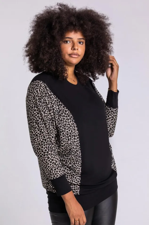Black Curve Animal Print Long Sleeve Top Women Roman Tops