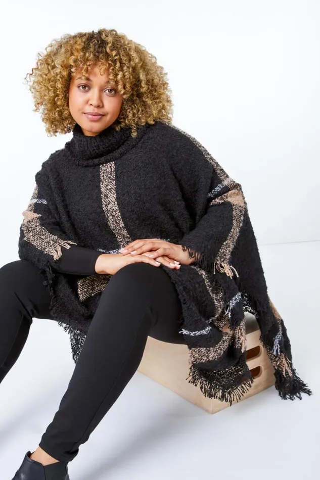 Black Curve Check Print Roll Neck Poncho Women Roman Knitwear