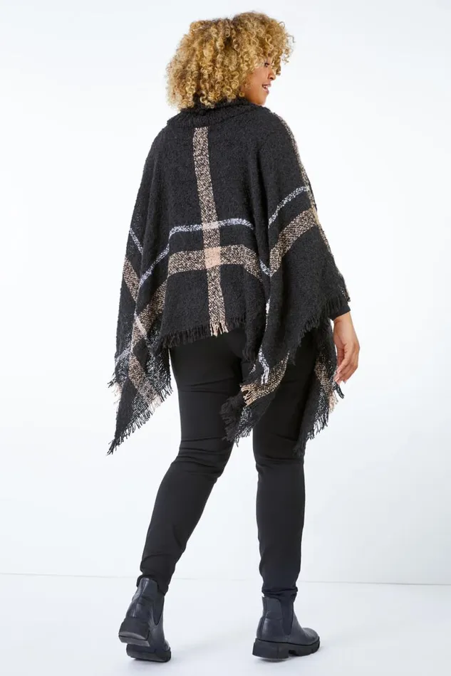 Black Curve Check Print Roll Neck Poncho Women Roman Knitwear