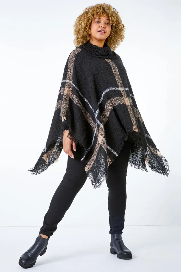 Black Curve Check Print Roll Neck Poncho Women Roman Knitwear