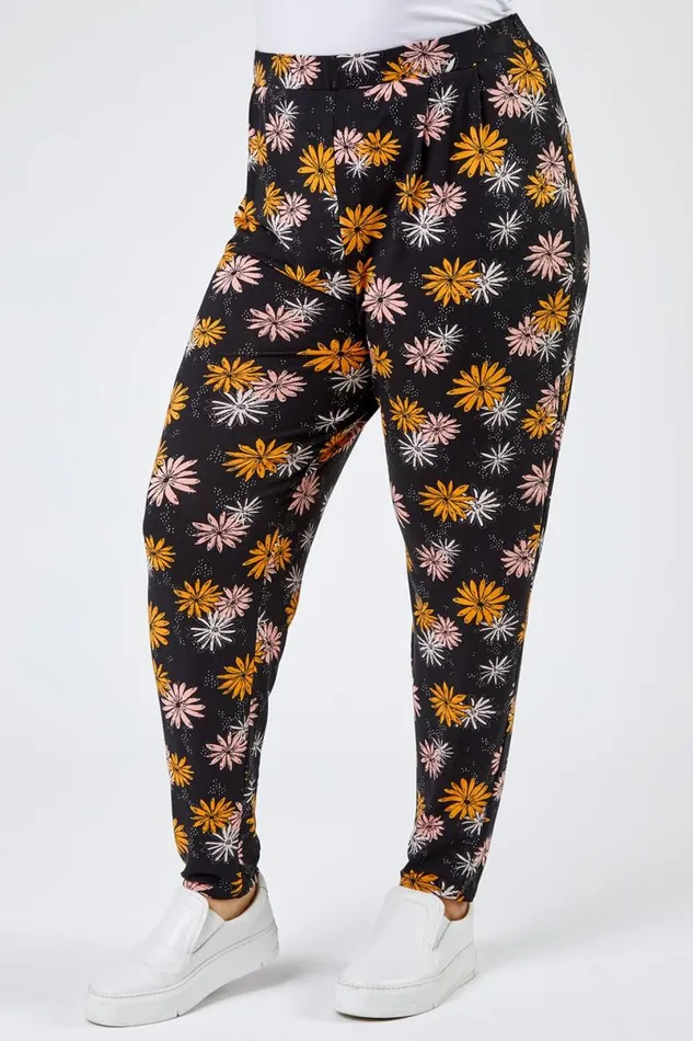 Black Curve Floral Print Jersey Trouser Women Roman Trousers