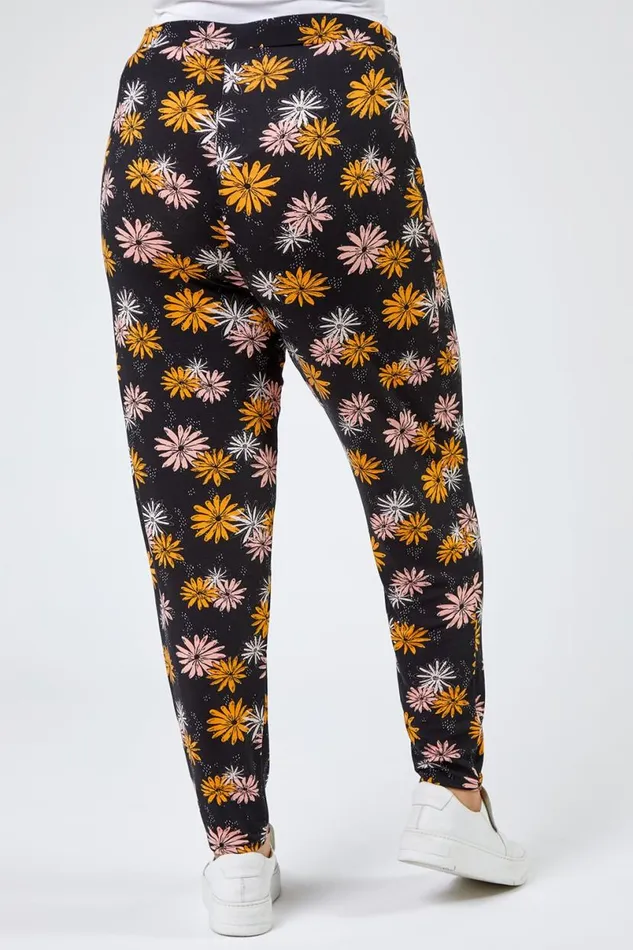 Black Curve Floral Print Jersey Trouser Women Roman Trousers