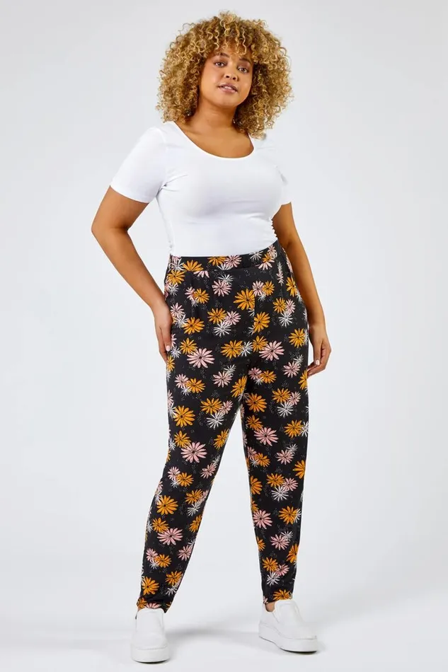 Black Curve Floral Print Jersey Trouser Women Roman Trousers