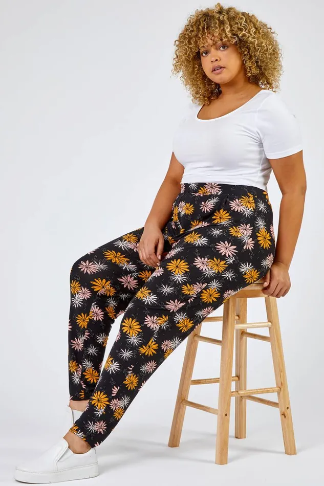 Black Curve Floral Print Jersey Trouser Women Roman Trousers
