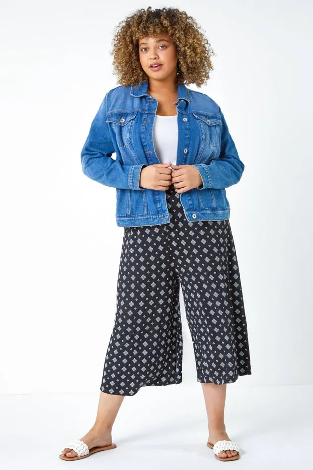 Black Curve Geometric Elastic Waist Cropped Culottes Women Roman Trousers