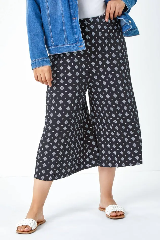 Black Curve Geometric Elastic Waist Cropped Culottes Women Roman Trousers