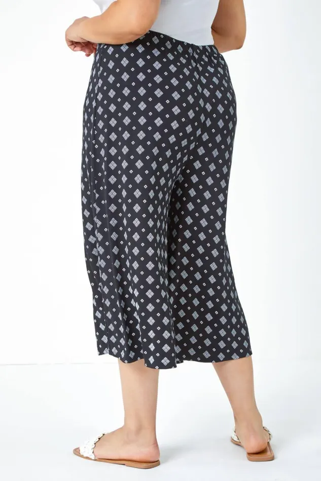 Black Curve Geometric Elastic Waist Cropped Culottes Women Roman Trousers