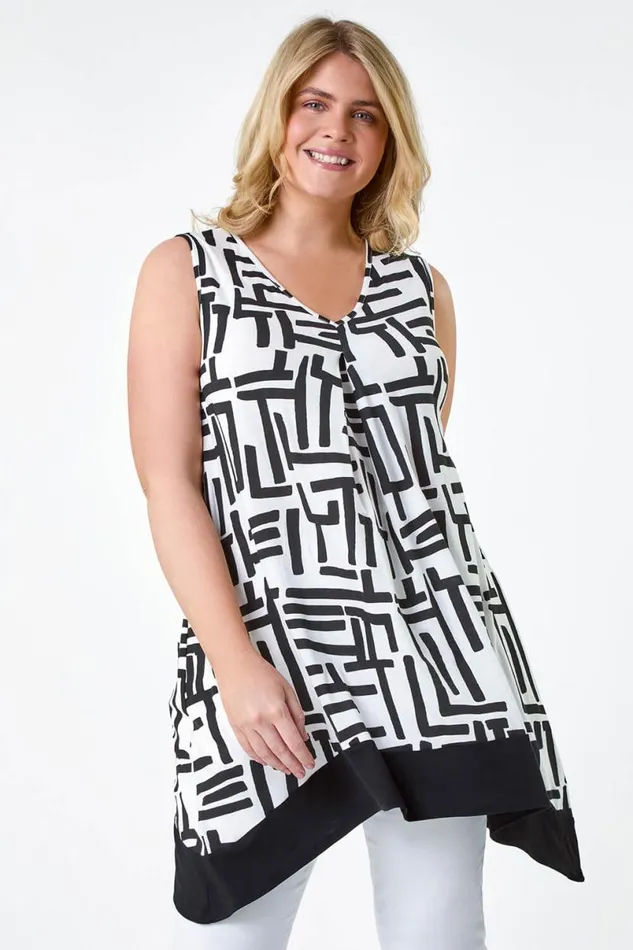 Black Curve Hanky Hem Stretch VNeck Tunic Top Women Roman Tops