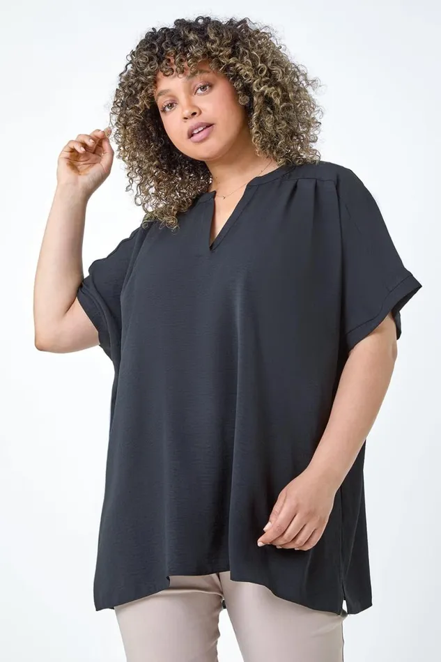 Black Curve Linen Look VNeck Longline Top Women Roman Tops