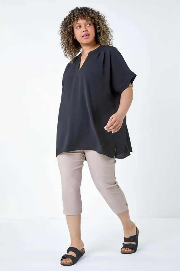 Black Curve Linen Look VNeck Longline Top Women Roman Tops