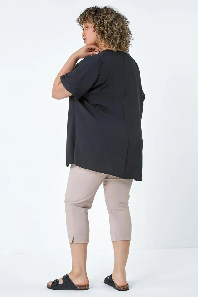 Black Curve Linen Look VNeck Longline Top Women Roman Tops