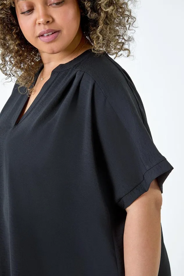 Black Curve Linen Look VNeck Longline Top Women Roman Tops