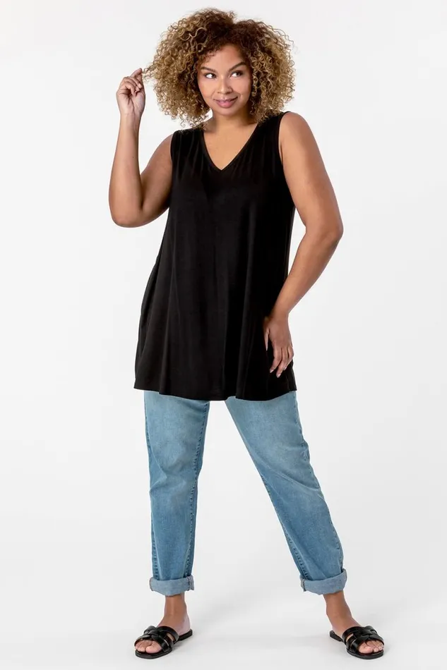 Black Curve Plain VNeck Vest Top Women Roman Tops