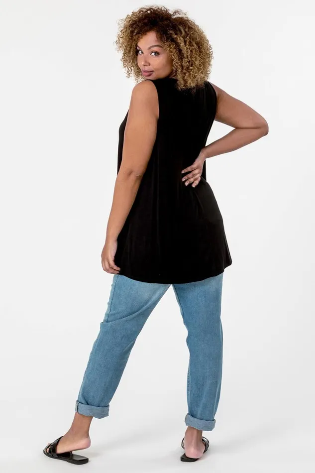 Black Curve Plain VNeck Vest Top Women Roman Tops