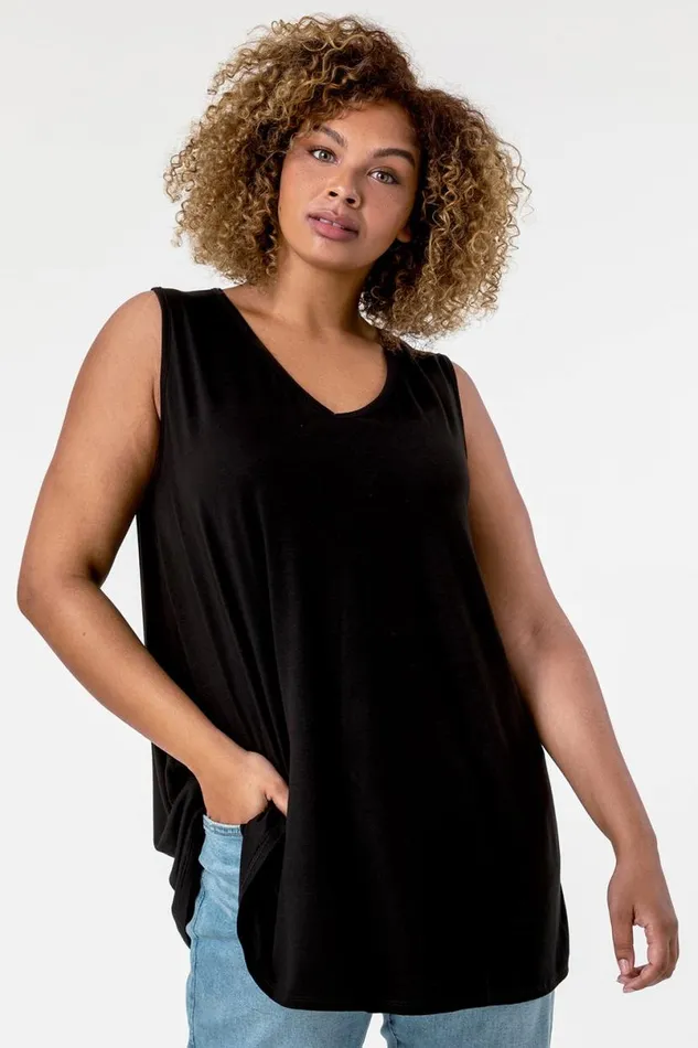 Black Curve Plain VNeck Vest Top Women Roman Tops