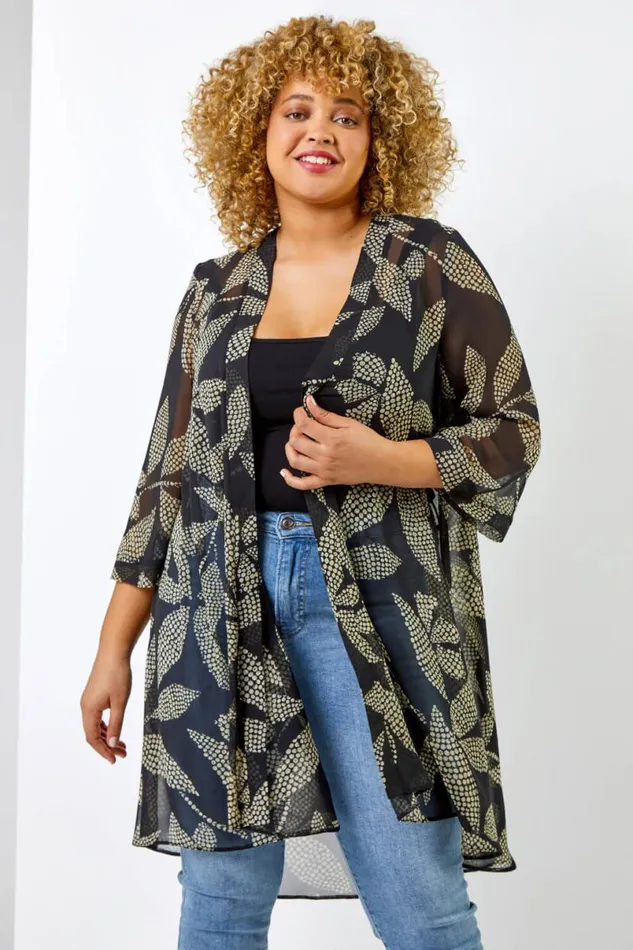 Black Curve Spot Leaf Print Dipped Hem Kimono Women Roman Occasionwear