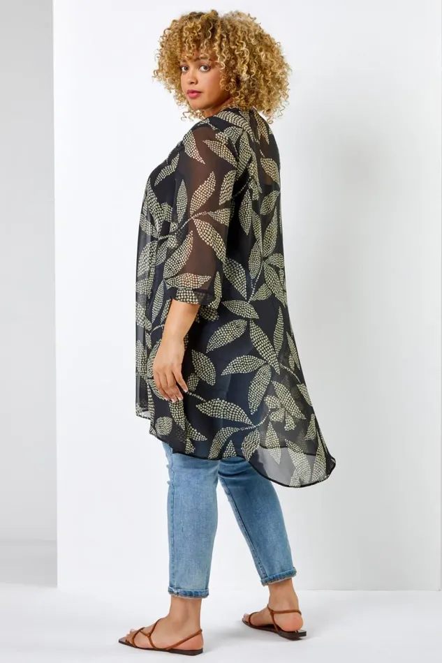 Black Curve Spot Leaf Print Dipped Hem Kimono Women Roman Occasionwear