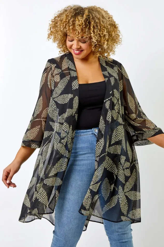 Black Curve Spot Leaf Print Dipped Hem Kimono Women Roman Occasionwear