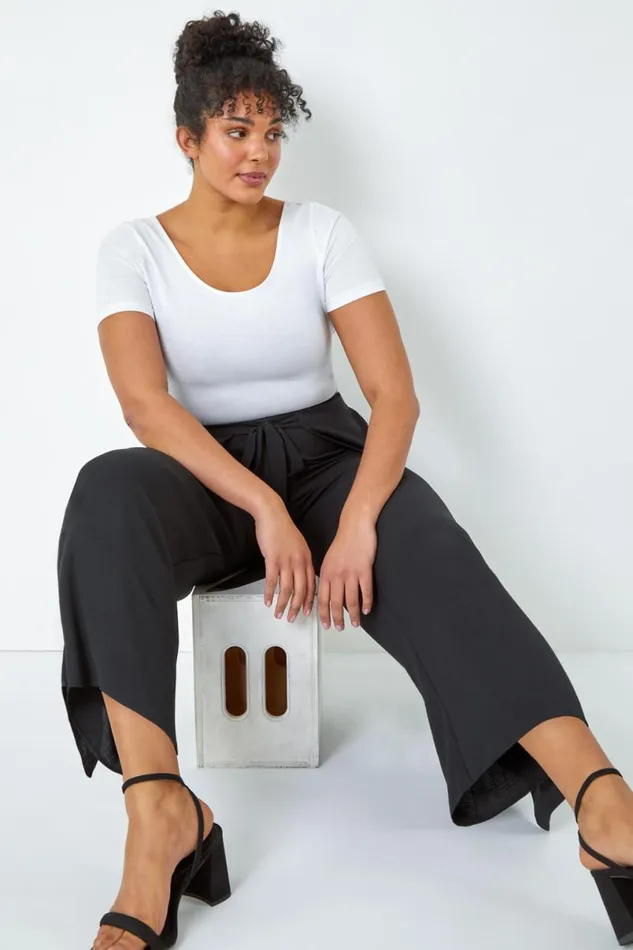 Black Curve Wrap Tie Wide Leg Trousers Women Roman Trousers