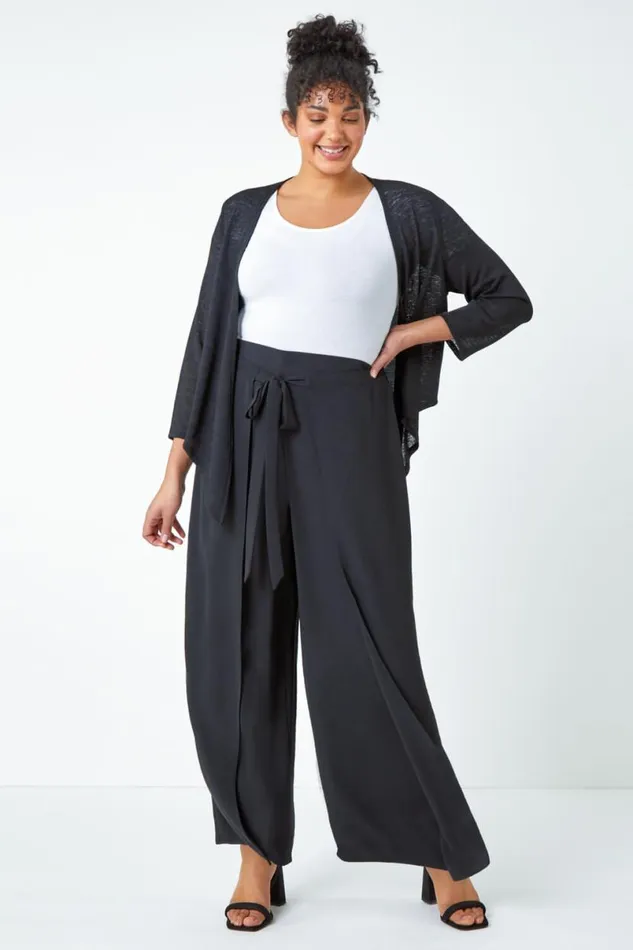 Black Curve Wrap Tie Wide Leg Trousers Women Roman Trousers