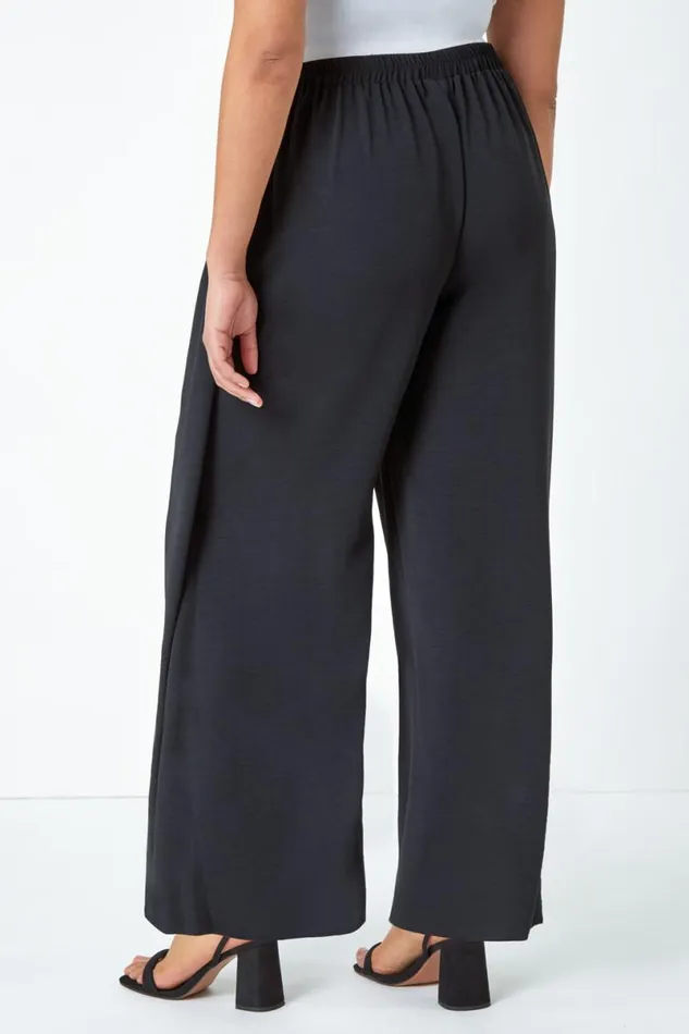 Black Curve Wrap Tie Wide Leg Trousers Women Roman Trousers