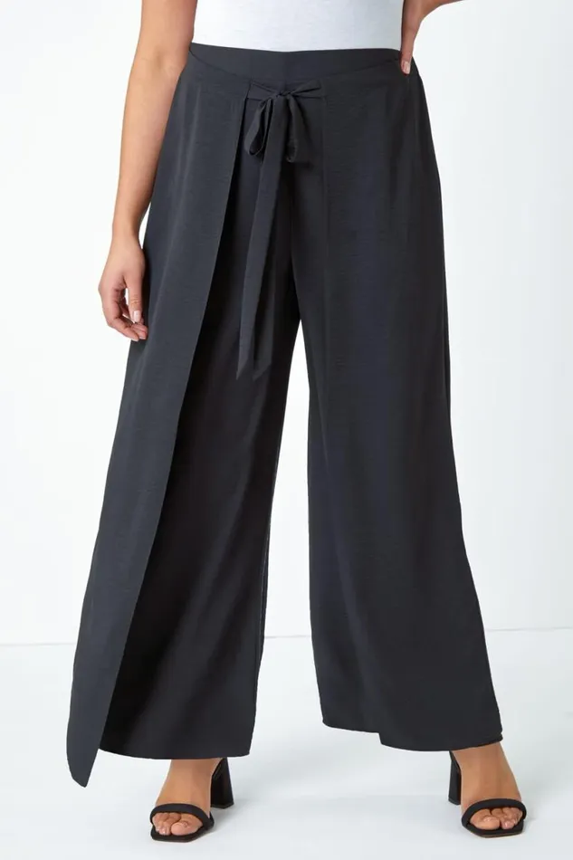 Black Curve Wrap Tie Wide Leg Trousers Women Roman Trousers