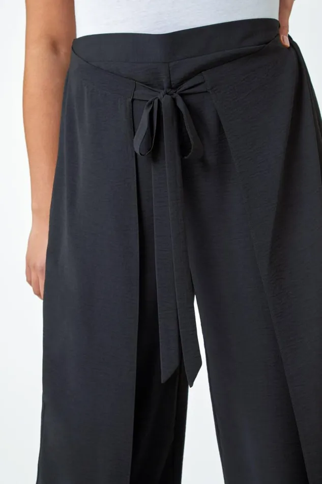 Black Curve Wrap Tie Wide Leg Trousers Women Roman Trousers
