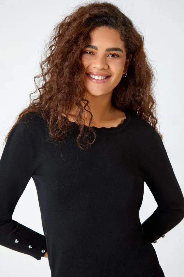 Black Diamante Button Scallop Edge Jumper Women Roman Knitwear