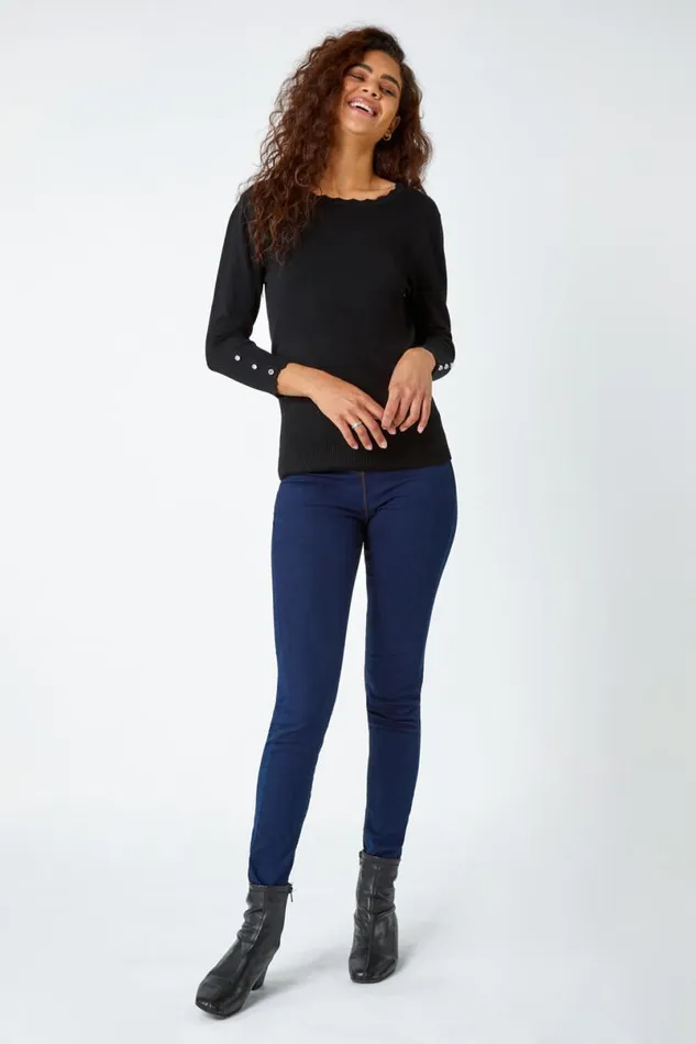 Black Diamante Button Scallop Edge Jumper Women Roman Knitwear