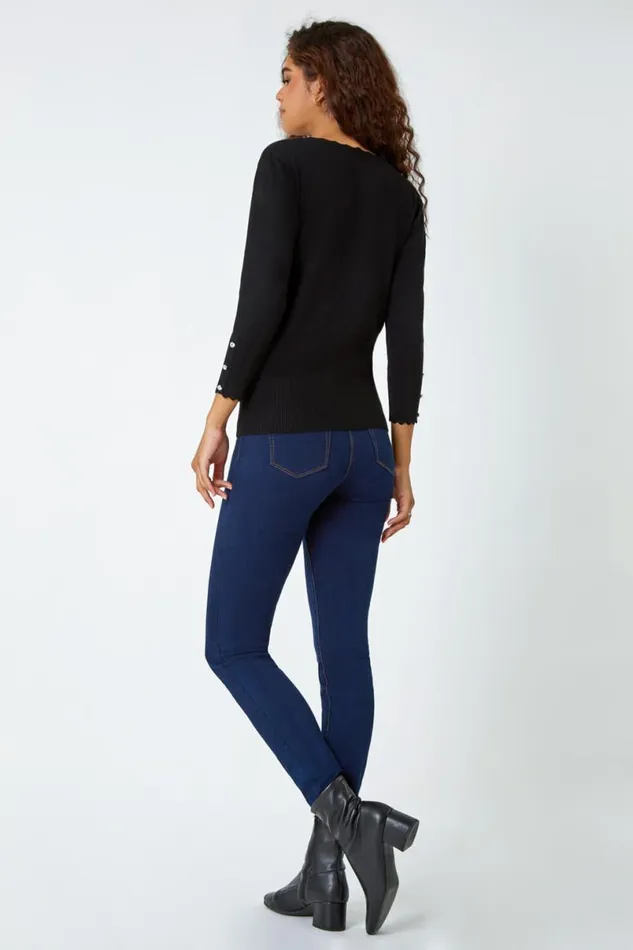 Black Diamante Button Scallop Edge Jumper Women Roman Knitwear
