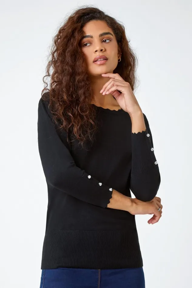 Black Diamante Button Scallop Edge Jumper Women Roman Knitwear