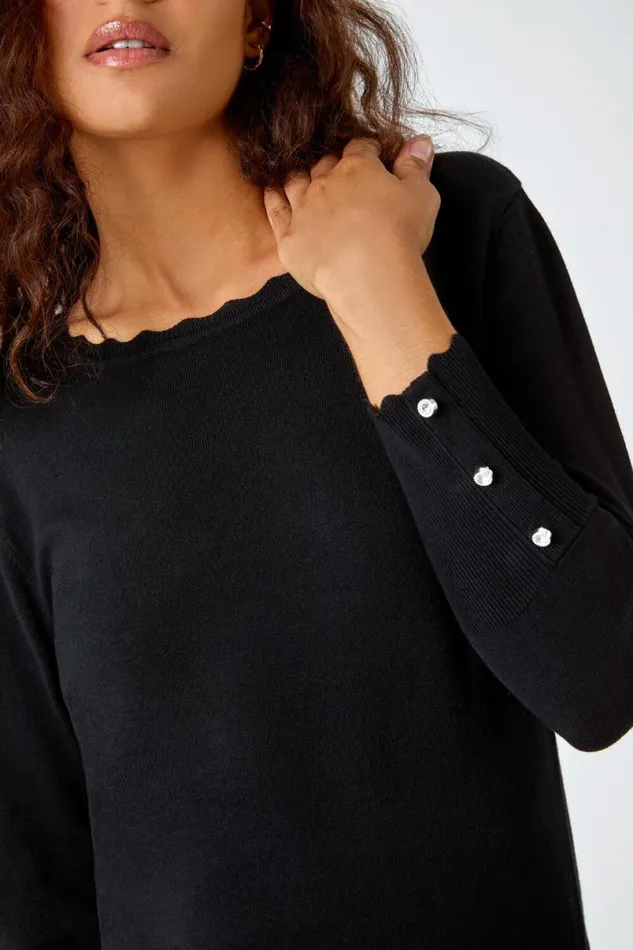 Black Diamante Button Scallop Edge Jumper Women Roman Knitwear