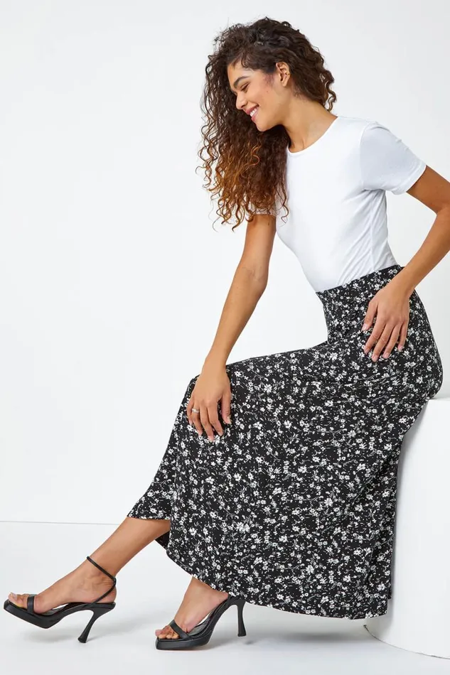 Black Ditsy Floral Print Midi Skirt Women Roman Skirts