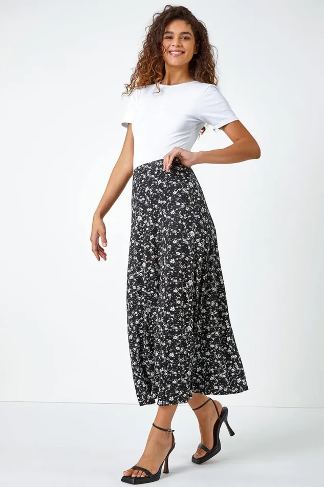 Black Ditsy Floral Print Midi Skirt Women Roman Skirts