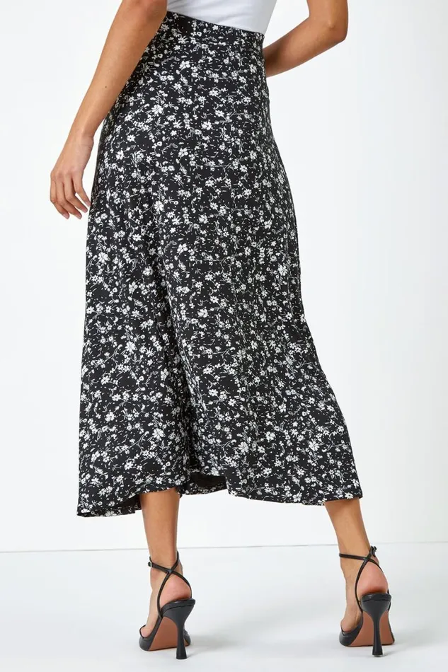 Black Ditsy Floral Print Midi Skirt Women Roman Skirts