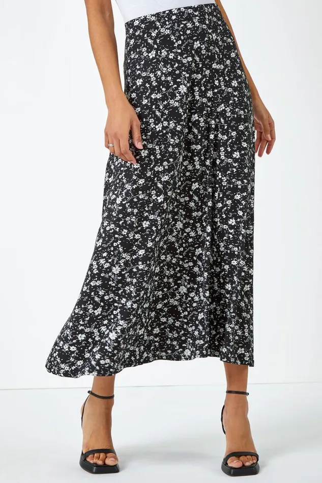 Black Ditsy Floral Print Midi Skirt Women Roman Skirts
