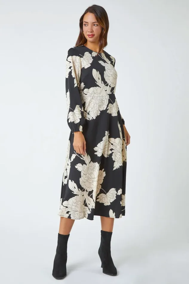 Black Floral Contrast Print Midi Dress Women Roman Dresses