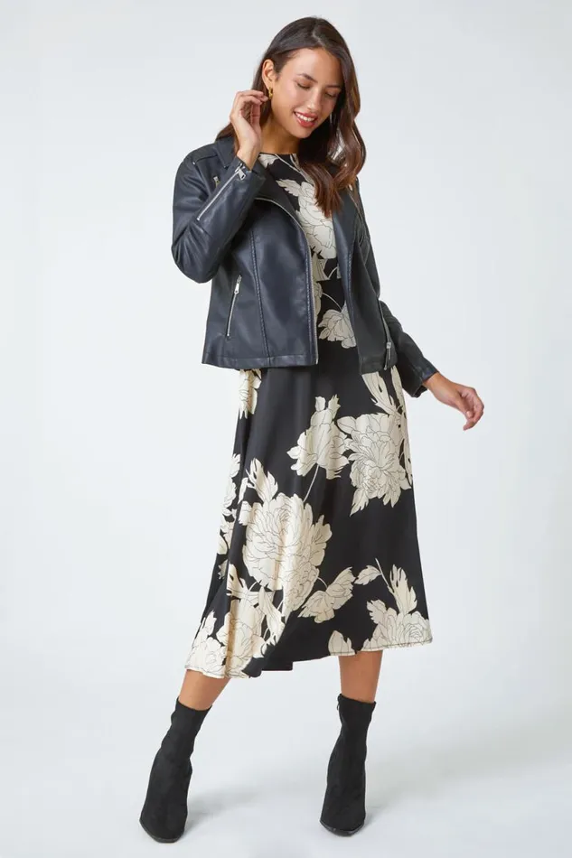 Black Floral Contrast Print Midi Dress Women Roman Dresses