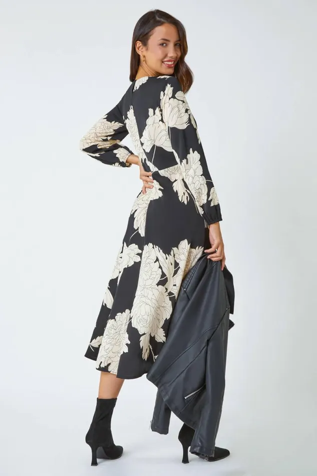Black Floral Contrast Print Midi Dress Women Roman Dresses