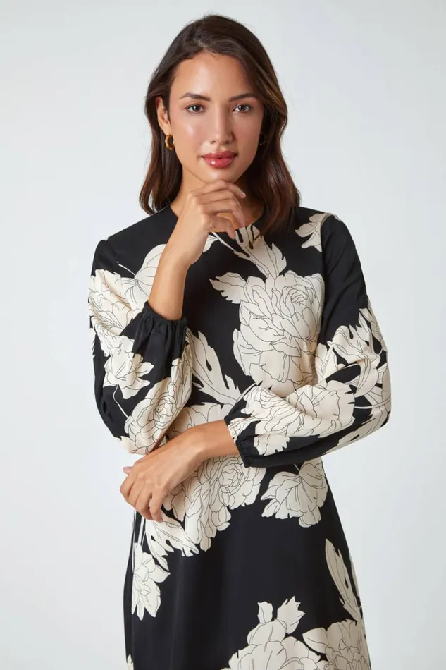 Black Floral Contrast Print Midi Dress Women Roman Dresses