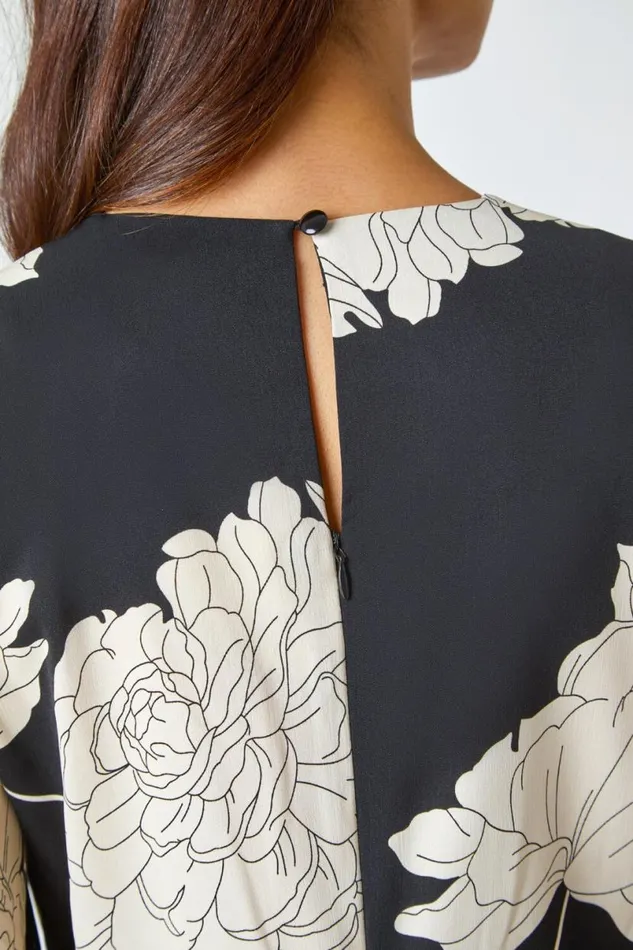 Black Floral Contrast Print Midi Dress Women Roman Dresses