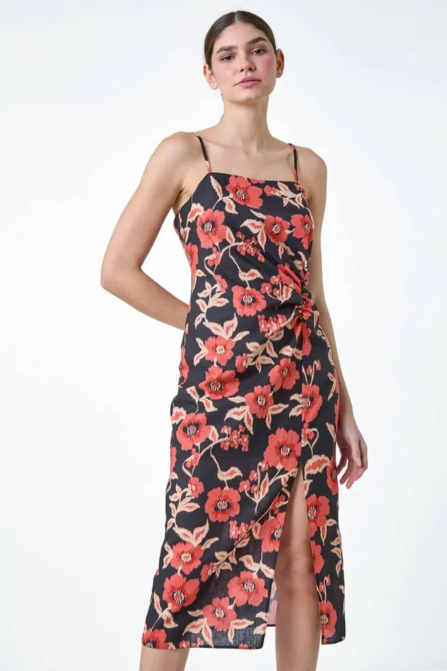 Black Floral Linen Look Ruched Midi Dress Women Roman Dresses